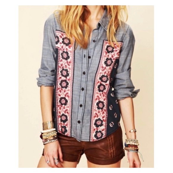 Free People Tops - Free People Born Free Chambray Floral Panel Shirt